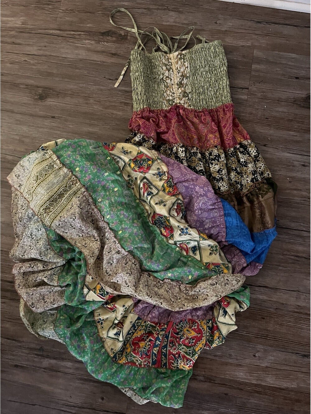 VTG Sans Souci 100% Silk Patchwork Indian Sari Maxi Dress M
